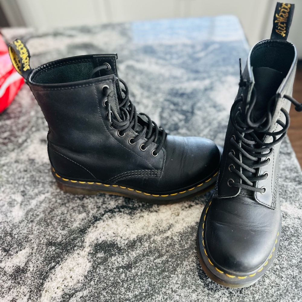 Dr. Martens Black Leather Boots with Yellow Stitching